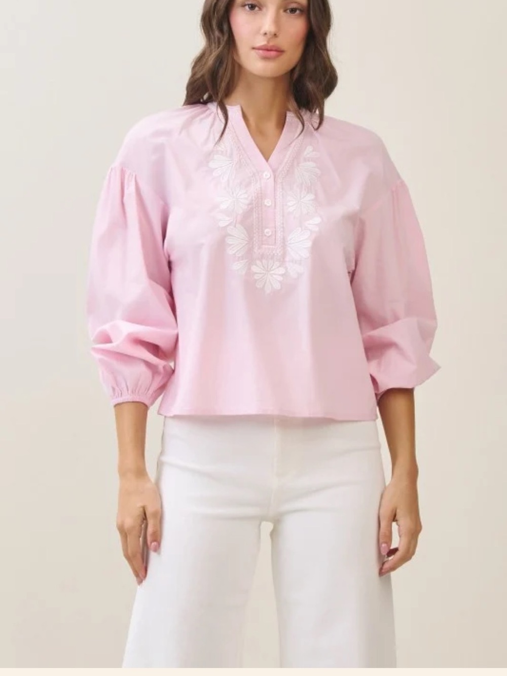 Pink Embroidered V-Neck Blouse